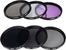 Andoer 55mm Objektiv-Filter Kit UV + CPL + FLD + ND (ND2 ND4 ND8) mit Carry Pouch / Objektivdeckel / Objektivdeckel Halter / Tulip & Rubber Lens Hoods / Reinigungstuch