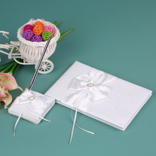 White Satin Ribbon Hochzeit Guset Unterschrift Buch und Stift Stand mit Strass Faux Perlen Bowknot Dekoration
