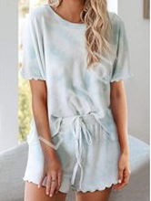 Błękitno biały komplet damski w stylu tie dye, koszulka i szorty 0232