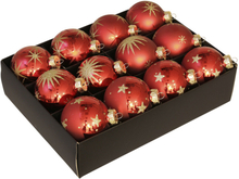 12x Luxe glazen rode kerstballen met gouden decoratie 7,5 cm