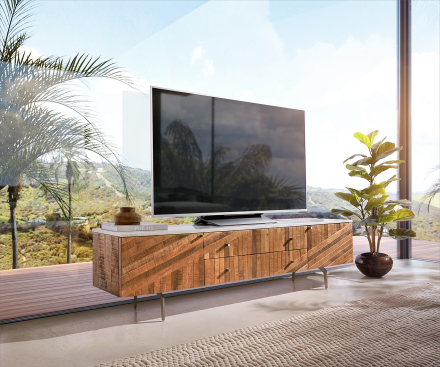 DELIFE TV-meubel Bahan 175 cm mango teak 2 deuren 2 schuifladen mittig marmeren blad wit hoekvoet roestvrij staal