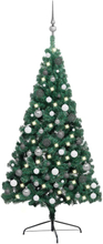 vidaXL Halv plastgran med LED och julgranskulor grön 240 cm