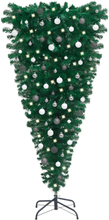 vidaXL Uppochnedvänd plastgran med LED och julgranskulor 150 cm