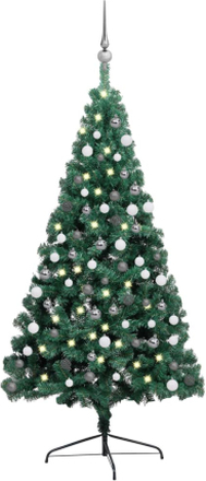 vidaXL Halv plastgran med LED och julgranskulor grön 210 cm
