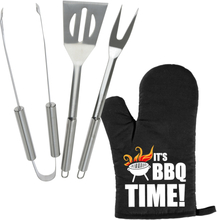 BBQ/barbecue gereedschap set 3-delig RVS met BBQ handschoen It's BBQ Time!