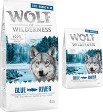 12 kg + 1 kg gratis! Wolf of Wilderness Trockenfutter 13 kg - Adult "Blue River" - Freilandhuhn & Lachs