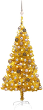 vidaXL Plastgran med LED och julgranskulor guld 150 cm PET