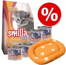 Smilla Kitten Starter-Paket + Kuschelbett - 1 kg Trockenfutter + 6 x 200 g Nassfutter mit Huhn