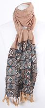 Camel katoenen sjaal met bruin/ turquoise print