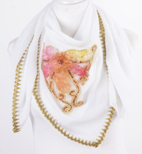 Witte crêpe voile sjaal met borduursels van gouddraad en organza lint