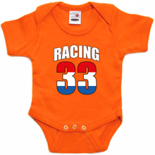 Oranje baby romper racing 33 met race auto coureur supporter / race supporter voor babys