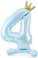 Lys Blå Stående "4" Folieballong med Krone 84 cm
