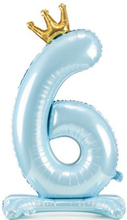 Lys Blå Stående "6" Folieballong med Krone 84 cm