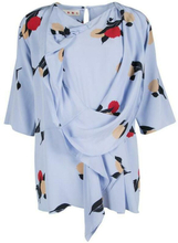 Marni Powder Blue Floral Printed Silk Draped Front Bluse