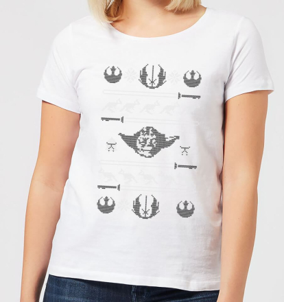 Star Wars Yoda Sabre Knit Women's Christmas T-Shirt - White - L