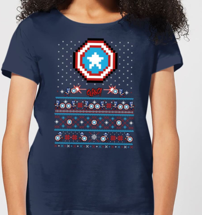 Marvel Avengers Captain America Pixel Art Damen Christmas T-Shirt - Navy Blau - XL