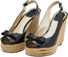 Pre -owned Patent Leather Wedge Espadrille Bow Platform Slingback Sandals