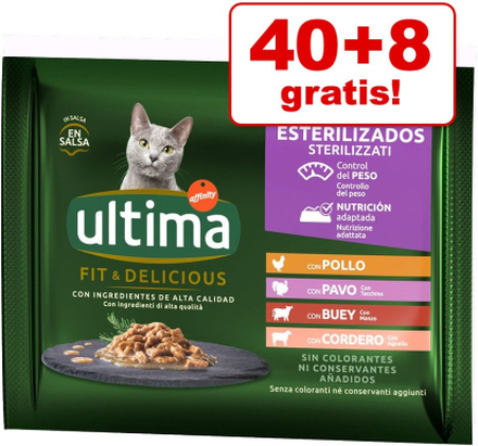 44 + 4 gratis! Ultima Katzenfutter 48 x 85 g - Sterilized: Huhn und Lachs