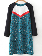 Fashion Leopard Contrast Long Sleeve Women Mini Dress
