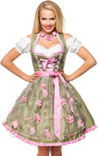 Grön Dirndl Oktoberfestklänning i Lyxkvalitet med Utformade Blommor på Förklädet