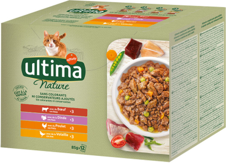 44 + 4 gratis! Ultima Katzenfutter 48 x 85 g - Nature: Fleischvariation (Rind, Truthahn, Huhn, Geflügel)