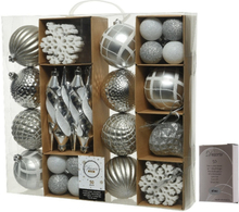 50x Zilveren kerstballen en figuren 4-8-15 cm kunststof mix incl. ophanghaakjes