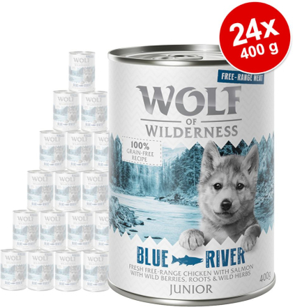 Sparpaket Wolf of Wilderness Junior "Freiland-Fleisch" 24 x 400 g - Junior Blue River - Freiland-Huhn & Lachs