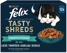 Felix "Tasty Shreds" Pouches 12 x 80 g - Geschmacksvielfalt aus dem Wasser (Lachs, Kabeljau, Thunfisch, Scholle)
