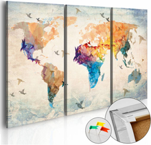 Afbeelding op kurk - Vrij Als Een Vogel, Wereldkaart, Multikleur, 3luik