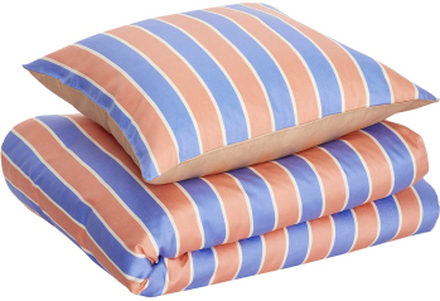 Hübsch sengetøj bomuldssatin - beige/blå/fersken/hvid - 140x200 cm