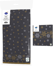Kerst thema tafellaken/tafelkleed zwart met sneeuwvlokken 138 x 220 cm met 20x stuks servetten