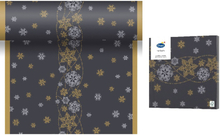 Kerst thema tafellopers/placemats zwart met glitter sneeuwvlokken 40x480 cm met 20x stuks servetten
