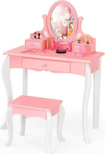 COSTWAY Sminkbord med pall för barn Princess Style med avtagbar 360° vridbar spegel och 3 lådor Rosa och Vit