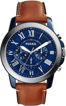 Fossil FS5151 Horloge Grant Chronograaf staal-leder blauw-bruin 44 mm