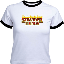 Stranger Things Flames Logo Women's Cropped Ringer T-Shirt - White Black - XL - White Black