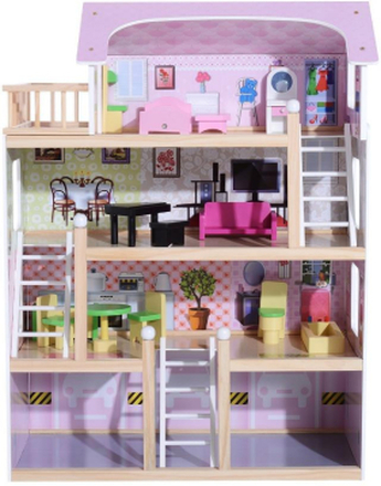 Casa delle bambole a 4 piani in legno con accessori rosa, 60x30x80cm