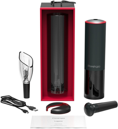 Prestigio Lugano, smart wine opener, 100% automatic, aerator, vacuum stopper preserver, foil cutter, opens up to 80 bottles without recharging, 500mAh