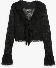 Long sleeved sheer ruffle lace top - Black