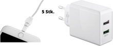 USB Hurtig Oplader med Dobbelt Stik & Kabelbeskytter til iPhone, iPad, Tablet, Smartphone - 5 stk.