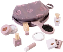 howa ® Legetøjssminkesæt kosmetiktaske til børn med 8 stk. trætilbehør og hjerteklistermærker
