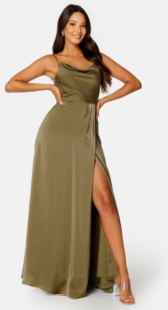 Bubbleroom Occasion Waterfall High Slit Satin Gown Olive green 44