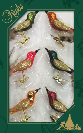 6x Luxe glazen gekleurde vogels op clip 9 cm
