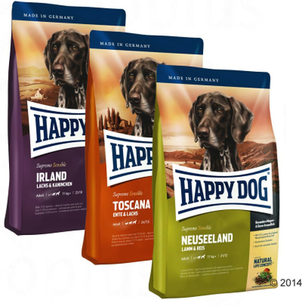 Happy Dog Supreme "Kulinarische Weltreise", 3 x 4 kg - Africa, Neuseeland, Toscana