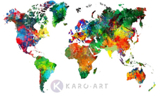 Schilderij - Wereldkaart in kleuren, multikleur, 2 maten , Wanddecoratie , Premium print