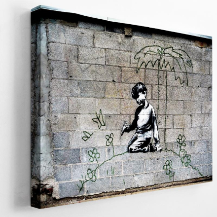 Premium Canvastavla - Boy and Cartoon Island - Banksy (Street-art)