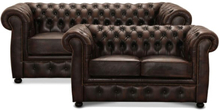 Liverpool Chesterfield 3+2 personer chesterfield sofa - brun ægte læder