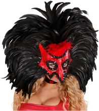 Deluxe Röd Mask med Stora Svarta Fjädrar, Kant och Paljetter