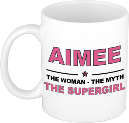 Naam cadeau mok/ beker Aimee The woman, The myth the supergirl 300 ml