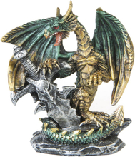 Grön och Guldfärgad Drake med Svärd - 8 cm Figur