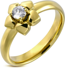 Guldfärgad Ring i Kirurgisk Stål med Blommor och CZ Sten